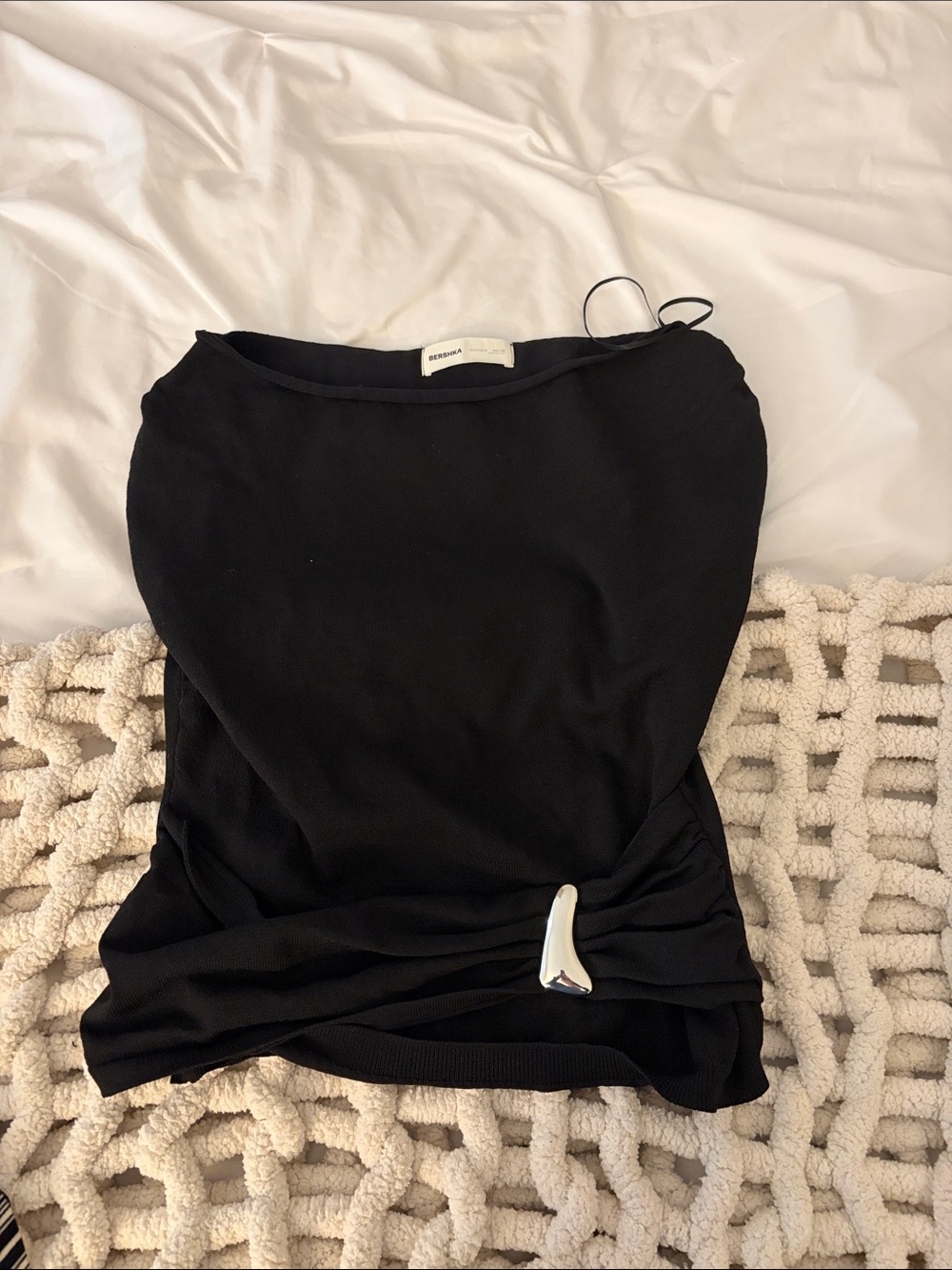 Bershka Black Strapless Top with Silver Accent